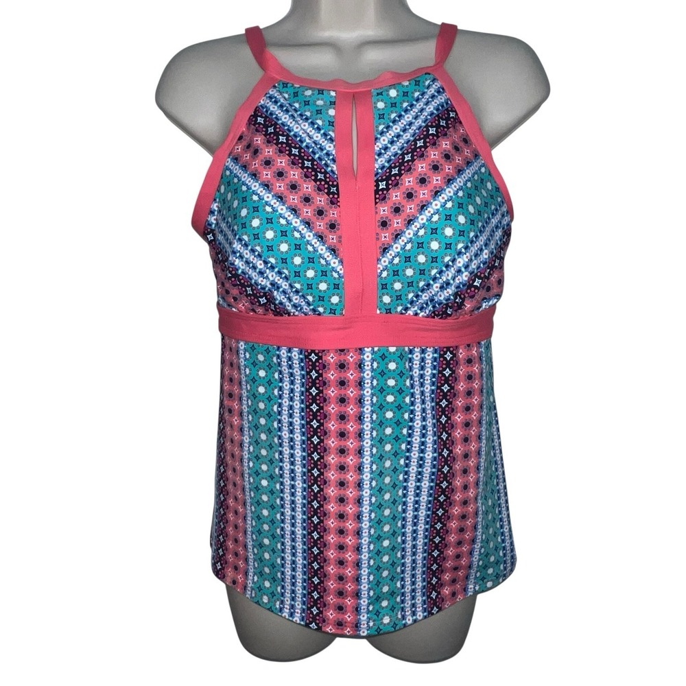 Lands' End Women's Modest Keyhole‎ High Neck Tankini Swim Top Size 8D Coral Teal